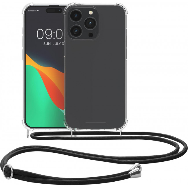 KW iPhone 15 Pro Θήκη Σιλικόνης TPU με Λουράκι - Διάφανη / Black - 62035.01