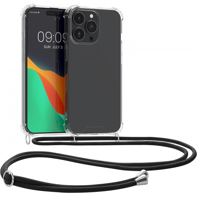 KW iPhone 15 Pro Θήκη Σιλικόνης TPU με Λουράκι - Διάφανη / Black - 62035.01