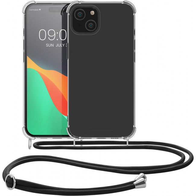 KW iPhone 15 Plus Θήκη Σιλικόνης TPU με Λουράκι - Διάφανη / Black - 62034.01