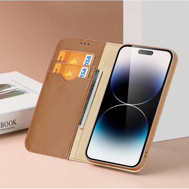 Dux Ducis iPhone 15 Pro Hivo Θήκη Πορτοφόλι Stand από Γνήσιο Δέρμα - Brown