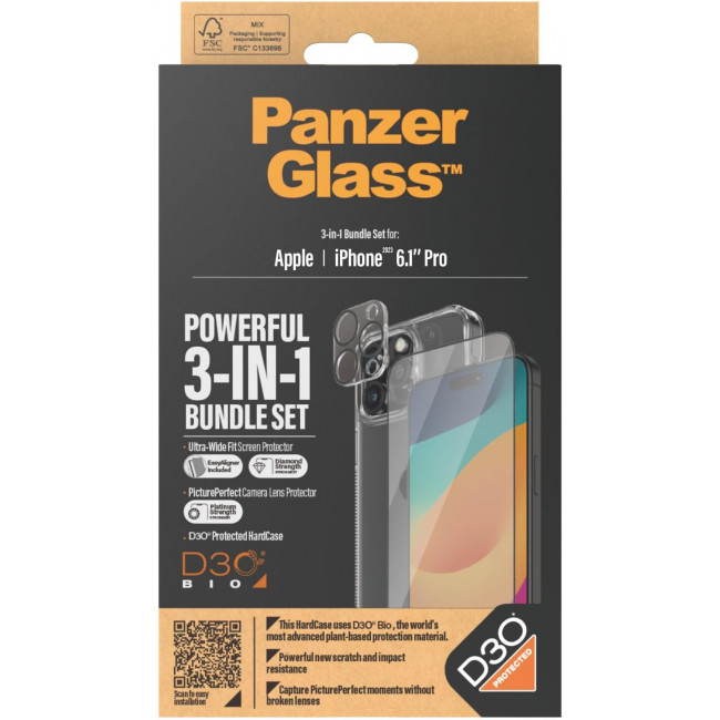 PanzerGlass iPhone 15 Pro - Σετ με 1 Αντιχαρακτικό Γυαλί Οθόνης Ultra-Wide Fit, 1 Αντιχαρακτικό Γυαλί για την Κάμερα και 1 Σκληρή Θήκη - Διάφανο