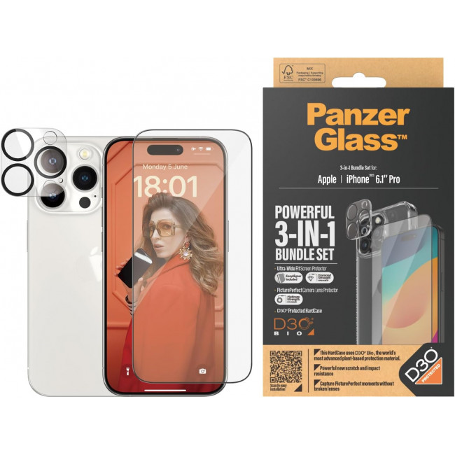 PanzerGlass iPhone 15 Pro - Σετ με 1 Αντιχαρακτικό Γυαλί Οθόνης Ultra-Wide Fit, 1 Αντιχαρακτικό Γυαλί για την Κάμερα και 1 Σκληρή Θήκη - Διάφανο