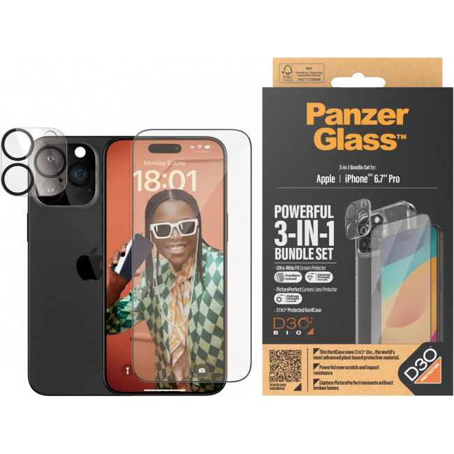 PanzerGlass iPhone 15 Pro Max - Σετ με 1 Αντιχαρακτικό Γυαλί Οθόνης Ultra-Wide Fit, 1 Αντιχαρακτικό Γυαλί για την Κάμερα και 1 Σκληρή Θήκη - Διάφανο