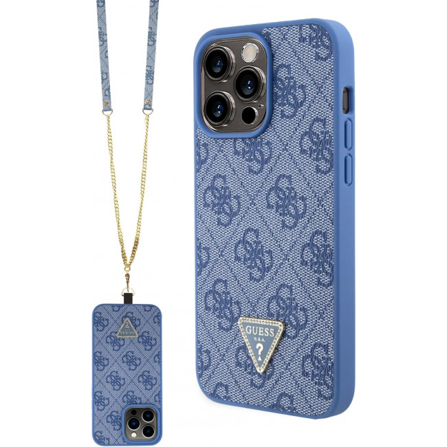 Guess iPhone 15 Pro Max - Crossbody 4G Metal Logo Θήκη με Επένδυση Συνθετικού Δέρματος και Λουράκι - Blue - GUHCP15XP4TDSCPB