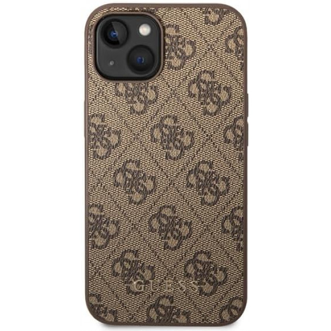 Guess iPhone 15 Plus - 4G Metal Gold Logo Σκληρή Θήκη με Επένδυση Συνθετικού Δέρματος - Brown - GUHCP15MG4GFBR