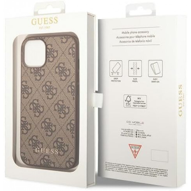 Guess iPhone 15 Plus - 4G Metal Gold Logo Σκληρή Θήκη με Επένδυση Συνθετικού Δέρματος - Brown - GUHCP15MG4GFBR