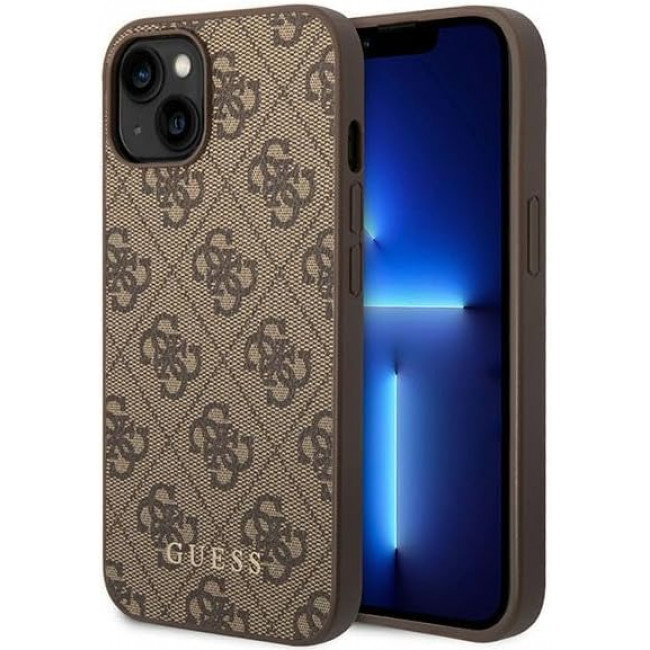 Guess iPhone 15 Plus - 4G Metal Gold Logo Σκληρή Θήκη με Επένδυση Συνθετικού Δέρματος - Brown - GUHCP15MG4GFBR