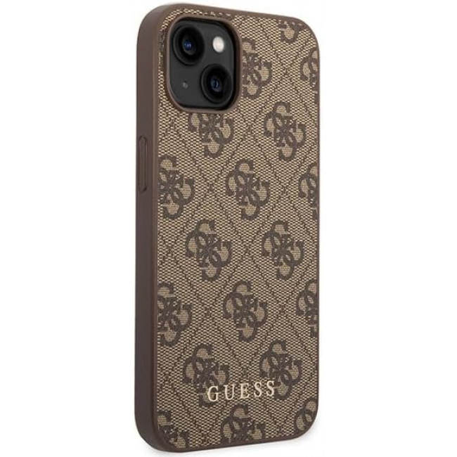 Guess iPhone 15 Plus - 4G Metal Gold Logo Σκληρή Θήκη με Επένδυση Συνθετικού Δέρματος - Brown - GUHCP15MG4GFBR