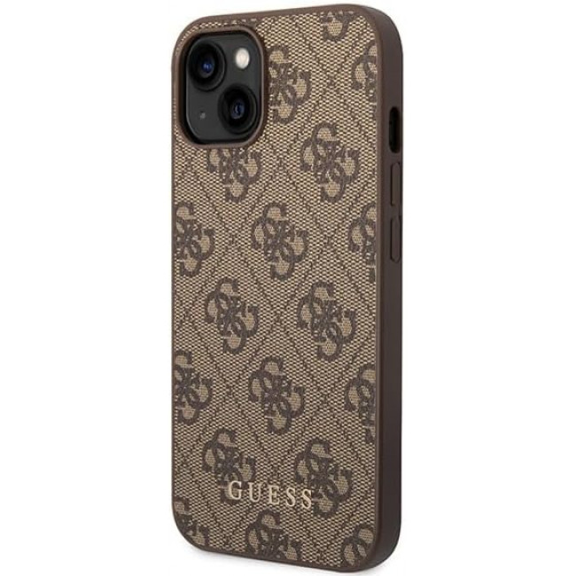 Guess iPhone 15 Plus - 4G Metal Gold Logo Σκληρή Θήκη με Επένδυση Συνθετικού Δέρματος - Brown - GUHCP15MG4GFBR