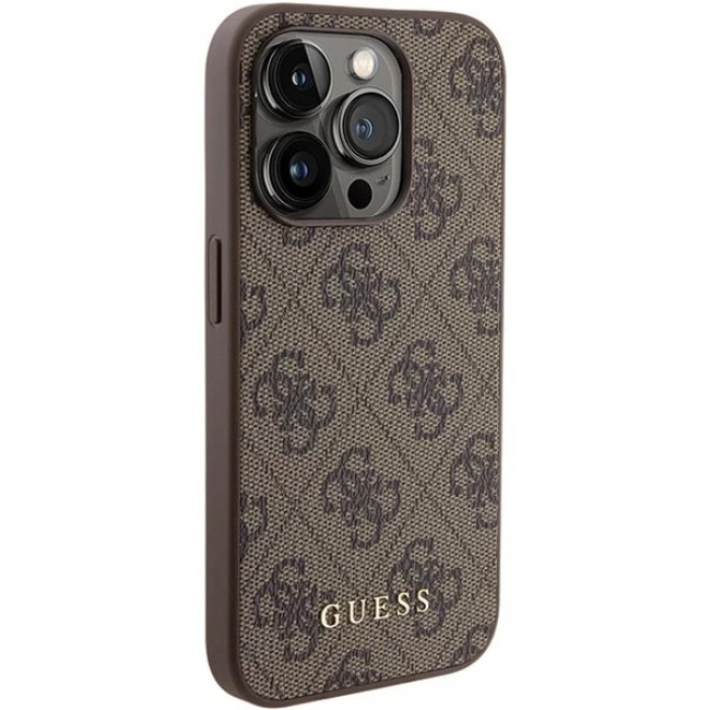 Guess iPhone 15 Pro - 4G Metal Gold Logo Σκληρή Θήκη με Επένδυση Συνθετικού Δέρματος - Brown - GUHCP15LG4GFBR