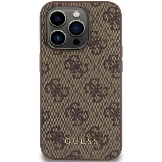 Guess iPhone 15 Pro - 4G Metal Gold Logo Σκληρή Θήκη με Επένδυση Συνθετικού Δέρματος - Brown - GUHCP15LG4GFBR