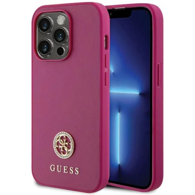 Guess iPhone 15 Pro 4G Strass Metal Logo Θήκη με Επένδυση Συνθετικού Δέρματος - Pink - GUHCP15LPS4DGPP