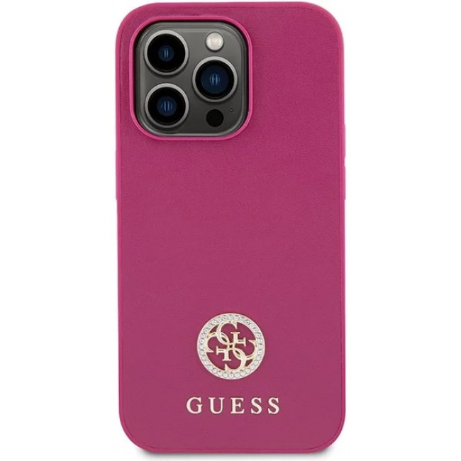 Guess iPhone 15 Pro 4G Strass Metal Logo Θήκη με Επένδυση Συνθετικού Δέρματος - Pink - GUHCP15LPS4DGPP