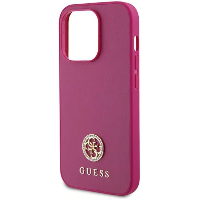 Guess iPhone 15 Pro 4G Strass Metal Logo Θήκη με Επένδυση Συνθετικού Δέρματος - Pink - GUHCP15LPS4DGPP