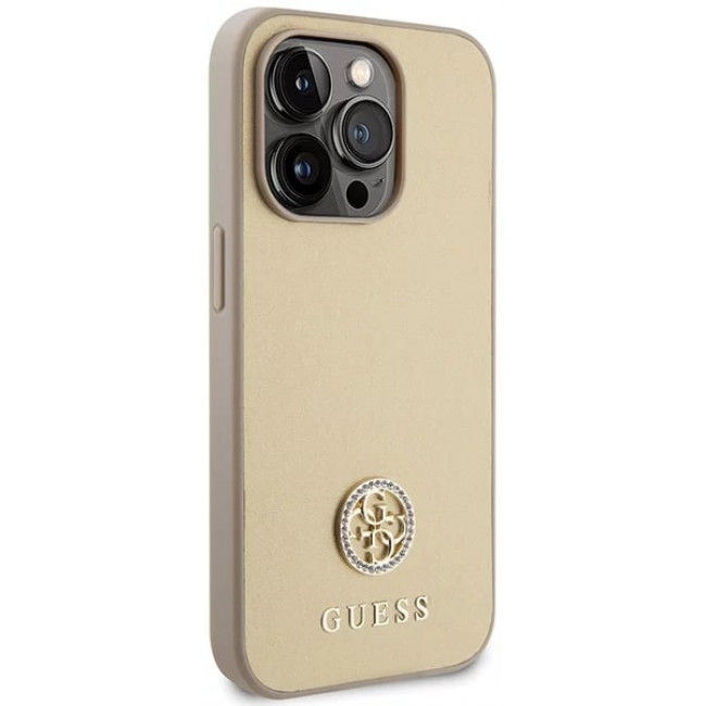 Guess iPhone 15 Pro 4G Strass Metal Logo Θήκη με Επένδυση Συνθετικού Δέρματος - Gold - GUHCP15LPS4DGPD