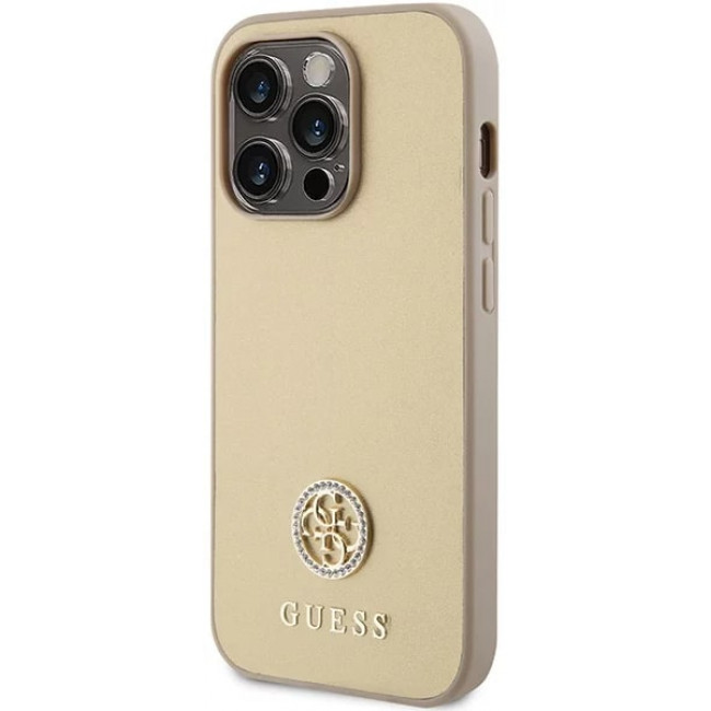 Guess iPhone 15 Pro 4G Strass Metal Logo Θήκη με Επένδυση Συνθετικού Δέρματος - Gold - GUHCP15LPS4DGPD