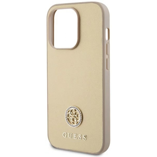 Guess iPhone 15 Pro 4G Strass Metal Logo Θήκη με Επένδυση Συνθετικού Δέρματος - Gold - GUHCP15LPS4DGPD