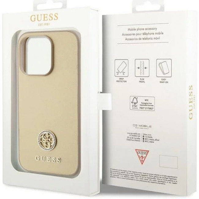 Guess iPhone 15 Pro 4G Strass Metal Logo Θήκη με Επένδυση Συνθετικού Δέρματος - Gold - GUHCP15LPS4DGPD