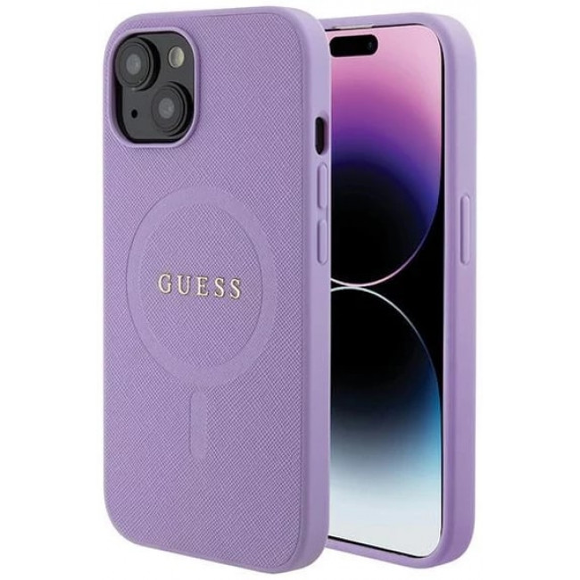 Guess iPhone 15 Plus Saffiano MagSafe Σκληρή Θήκη με Πλαίσιο Σιλικόνης και MagSafe - Purple - GUHMP15MPSAHMCU