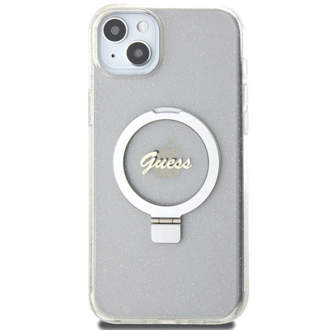 Guess iPhone 15 Plus Ring Stand Script Glitter Magsafe Σκληρή Θήκη με Πλαίσιο Σιλικόνης και MagSafe / Stand - Clear - GUHMP15MHRSGSD