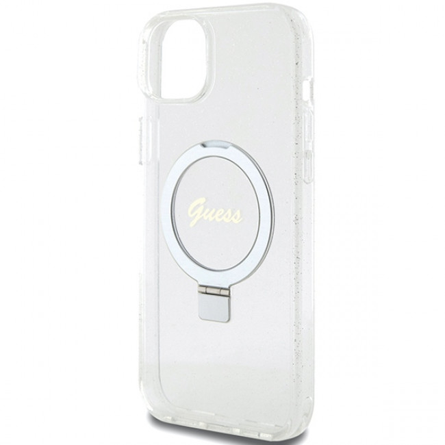 Guess iPhone 15 Plus Ring Stand Script Glitter Magsafe Σκληρή Θήκη με Πλαίσιο Σιλικόνης και MagSafe / Stand - Clear - GUHMP15MHRSGSD