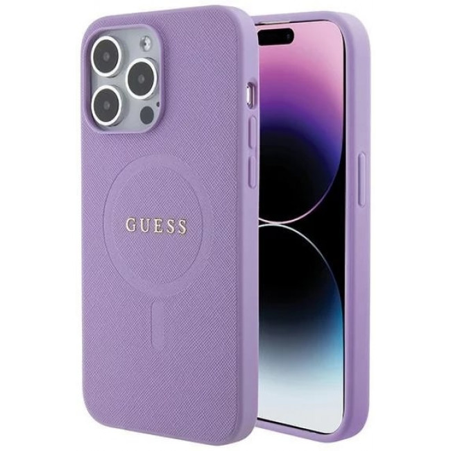 Guess iPhone 15 Pro Saffiano MagSafe Σκληρή Θήκη με Πλαίσιο Σιλικόνης και MagSafe - Purple - GUHMP15LPSAHMCU