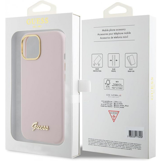 Guess iPhone 15 Silicone Script Metal Logo and Frame Σκληρή Θήκη με Πλαίσιο Σιλικόνης - Pink - GUHCP15SSMBSLP