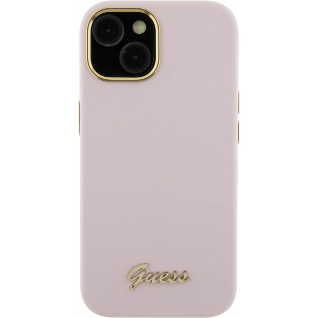 Guess iPhone 15 Silicone Script Metal Logo and Frame Σκληρή Θήκη με Πλαίσιο Σιλικόνης - Pink - GUHCP15SSMBSLP