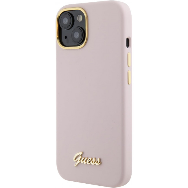 Guess iPhone 15 Silicone Script Metal Logo and Frame Σκληρή Θήκη με Πλαίσιο Σιλικόνης - Pink - GUHCP15SSMBSLP