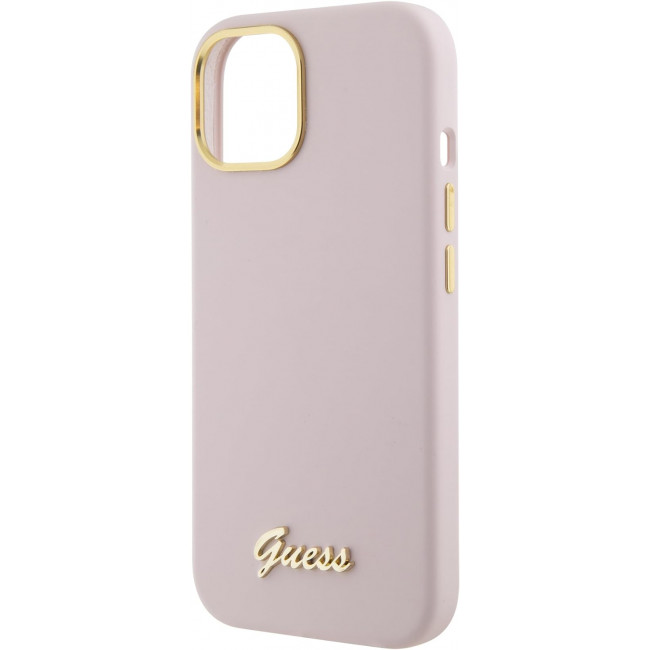 Guess iPhone 15 Silicone Script Metal Logo and Frame Σκληρή Θήκη με Πλαίσιο Σιλικόνης - Pink - GUHCP15SSMBSLP