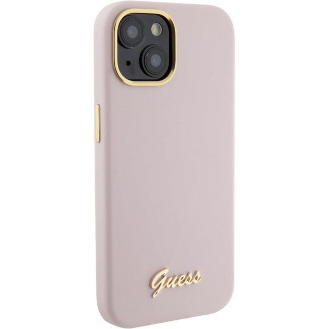 Guess iPhone 15 Silicone Script Metal Logo and Frame Σκληρή Θήκη με Πλαίσιο Σιλικόνης - Pink - GUHCP15SSMBSLP