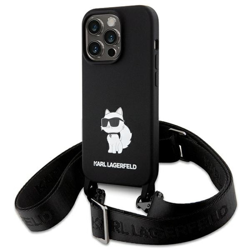 Karl Lagerfeld iPhone 15 Pro Max Crossbody Silicone Choupette Σκληρή Θήκη με Πλαίσιο Σιλικόνης και Λουράκι - Black - KLHCP15XSCBSCNK