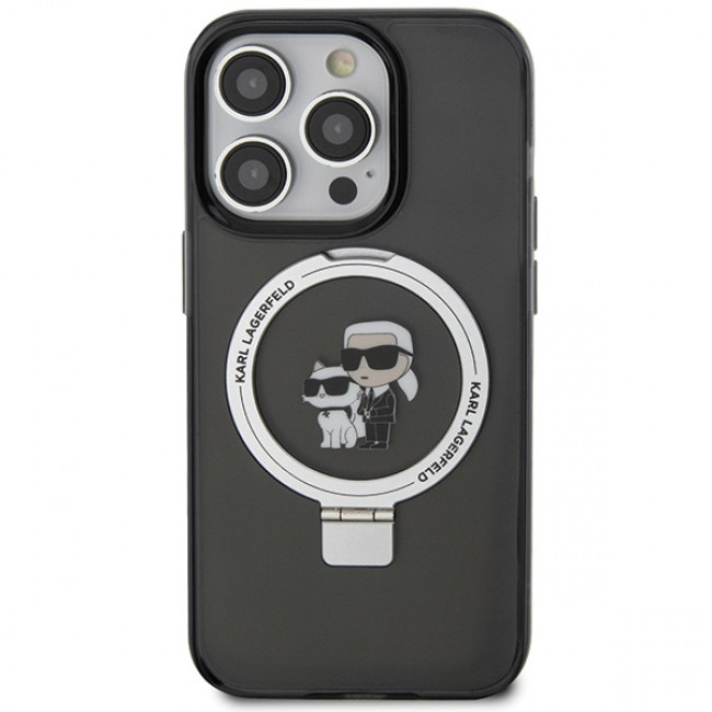 Karl Lagerfeld iPhone 15 Pro Ring Stand Karl and Choupette MagSafe Σκληρή Θήκη με Πλαίσιο Σιλικόνης και MagSafe - Διάφανη / Black - KLHMP15LHMRSKCK