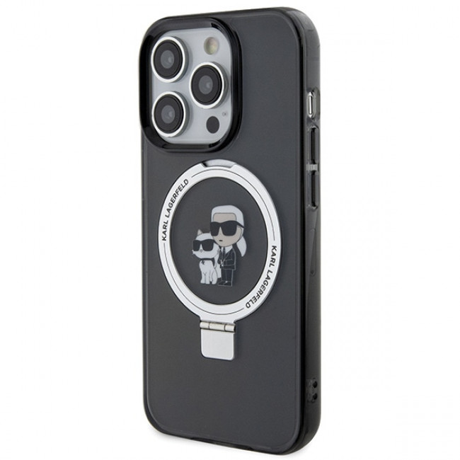 Karl Lagerfeld iPhone 15 Pro Ring Stand Karl and Choupette MagSafe Σκληρή Θήκη με Πλαίσιο Σιλικόνης και MagSafe - Διάφανη / Black - KLHMP15LHMRSKCK