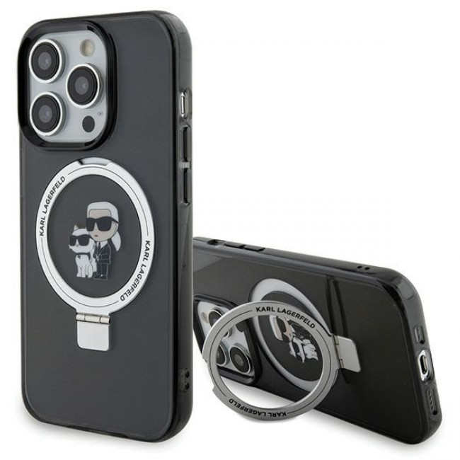 Karl Lagerfeld iPhone 15 Pro Ring Stand Karl and Choupette MagSafe Σκληρή Θήκη με Πλαίσιο Σιλικόνης και MagSafe - Διάφανη / Black - KLHMP15LHMRSKCK