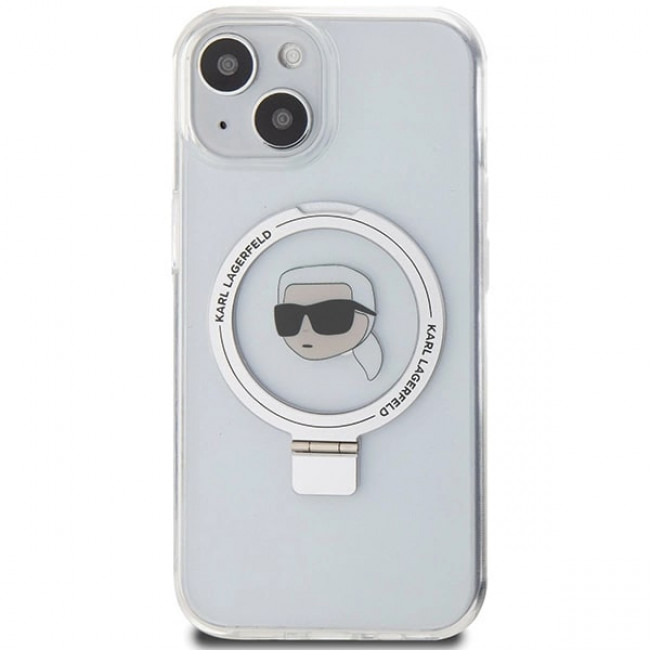 Karl Lagerfeld iPhone 15 Ring Stand Karl Head MagSafe Σκληρή Θήκη με Πλαίσιο Σιλικόνης και MagSafe - Διάφανη / Silver - KLHMP15SHMRSKHH