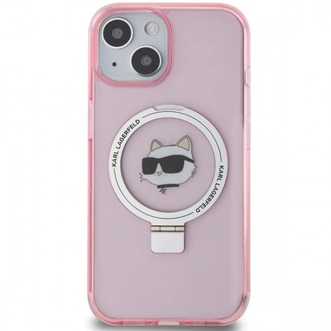 Karl Lagerfeld iPhone 15 Ring Stand Choupette Head MagSafe Σκληρή Θήκη με Πλαίσιο Σιλικόνης και MagSafe - Διάφανη / Pink - KLHMP15SHMRSCHP