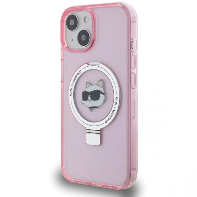 Karl Lagerfeld iPhone 15 Ring Stand Choupette Head MagSafe Σκληρή Θήκη με Πλαίσιο Σιλικόνης και MagSafe - Διάφανη / Pink - KLHMP15SHMRSCHP