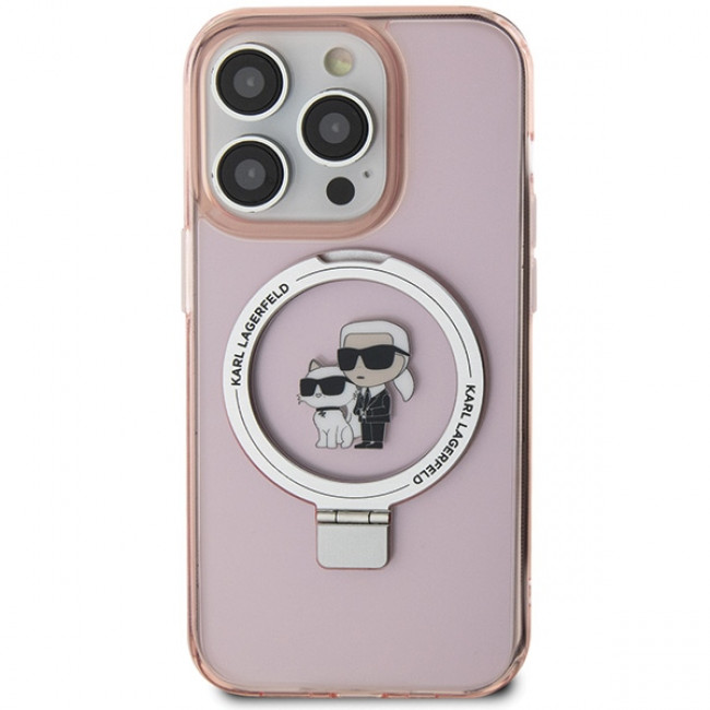 Karl Lagerfeld iPhone 15 Pro Ring Stand Karl and Choupette MagSafe Σκληρή Θήκη με Πλαίσιο Σιλικόνης και MagSafe - Διάφανη / Pink - KLHMP15LHMRSKCP