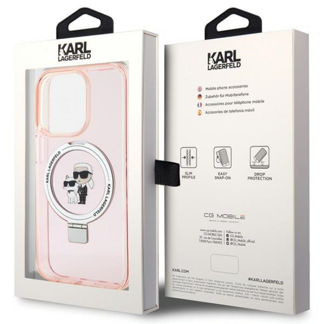 Karl Lagerfeld iPhone 15 Pro Ring Stand Karl and Choupette MagSafe Σκληρή Θήκη με Πλαίσιο Σιλικόνης και MagSafe - Διάφανη / Pink - KLHMP15LHMRSKCP