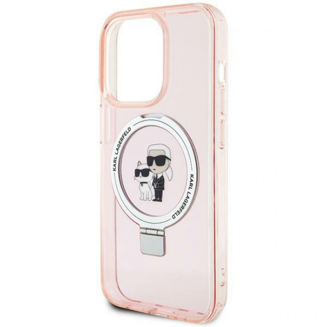 Karl Lagerfeld iPhone 15 Pro Ring Stand Karl and Choupette MagSafe Σκληρή Θήκη με Πλαίσιο Σιλικόνης και MagSafe - Διάφανη / Pink - KLHMP15LHMRSKCP