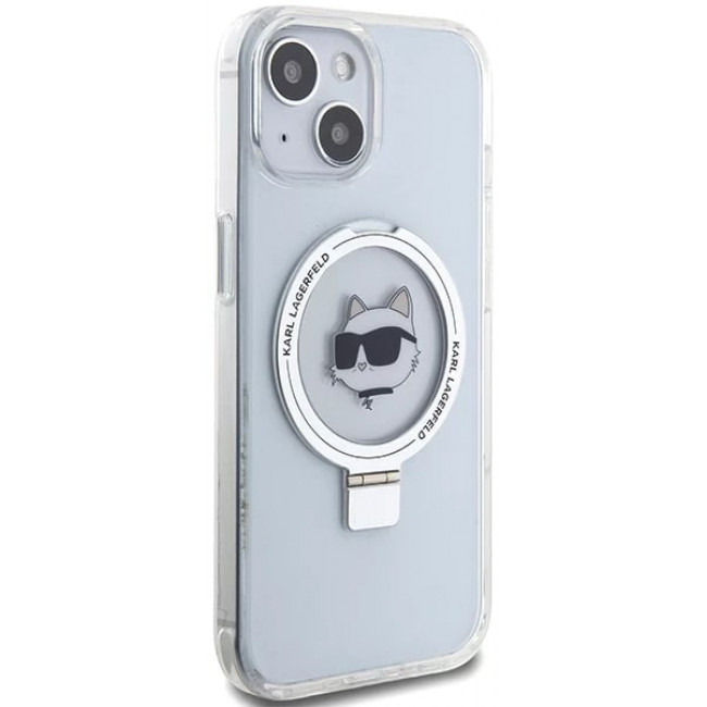 Karl Lagerfeld iPhone 15 Ring Stand Choupette Head MagSafe Σκληρή Θήκη με Πλαίσιο Σιλικόνης και MagSafe - Διάφανη / Silver - KLHMP15SHMRSCHH