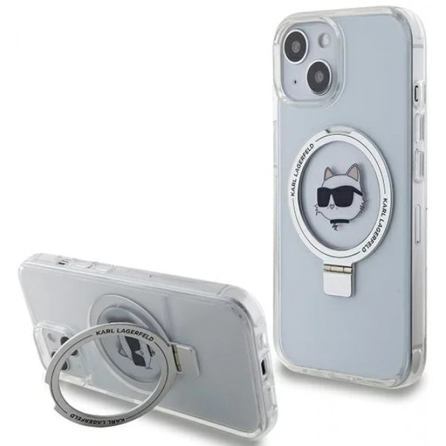 Karl Lagerfeld iPhone 15 Ring Stand Choupette Head MagSafe Σκληρή Θήκη με Πλαίσιο Σιλικόνης και MagSafe - Διάφανη / Silver - KLHMP15SHMRSCHH