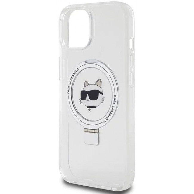 Karl Lagerfeld iPhone 15 Ring Stand Choupette Head MagSafe Σκληρή Θήκη με Πλαίσιο Σιλικόνης και MagSafe - Διάφανη / Silver - KLHMP15SHMRSCHH