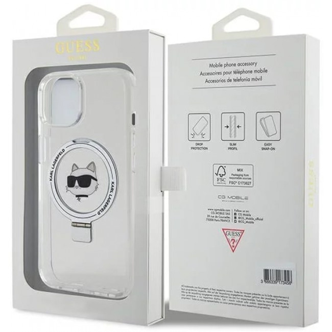 Karl Lagerfeld iPhone 15 Ring Stand Choupette Head MagSafe Σκληρή Θήκη με Πλαίσιο Σιλικόνης και MagSafe - Διάφανη / Silver - KLHMP15SHMRSCHH