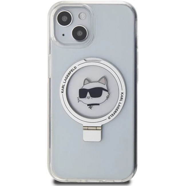 Karl Lagerfeld iPhone 15 Ring Stand Choupette Head MagSafe Σκληρή Θήκη με Πλαίσιο Σιλικόνης και MagSafe - Διάφανη / Silver - KLHMP15SHMRSCHH