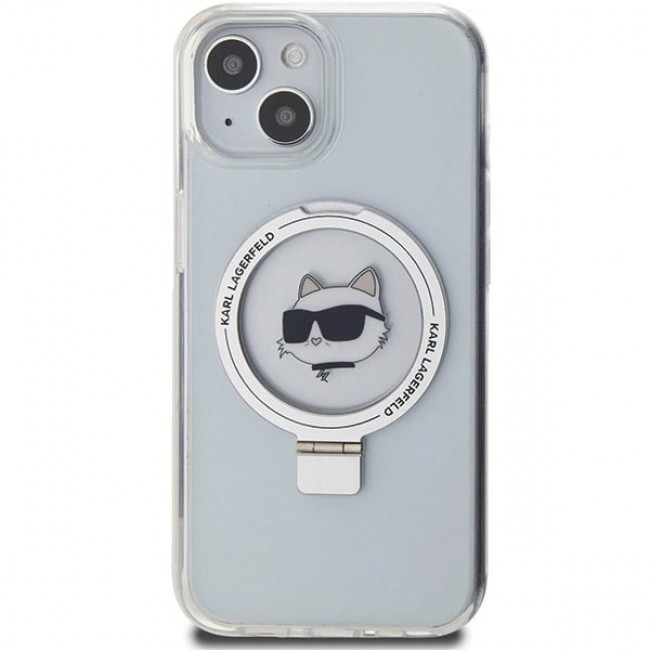 Karl Lagerfeld iPhone 15 Plus Ring Stand Choupette Head MagSafe Σκληρή Θήκη με Πλαίσιο Σιλικόνης και MagSafe - Διάφανη / Silver - KLHMP15MHMRSCHH