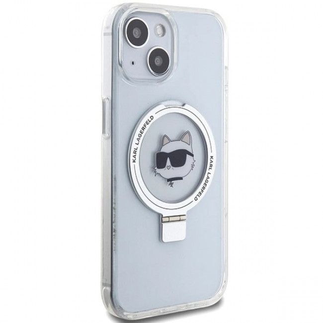 Karl Lagerfeld iPhone 15 Plus Ring Stand Choupette Head MagSafe Σκληρή Θήκη με Πλαίσιο Σιλικόνης και MagSafe - Διάφανη / Silver - KLHMP15MHMRSCHH