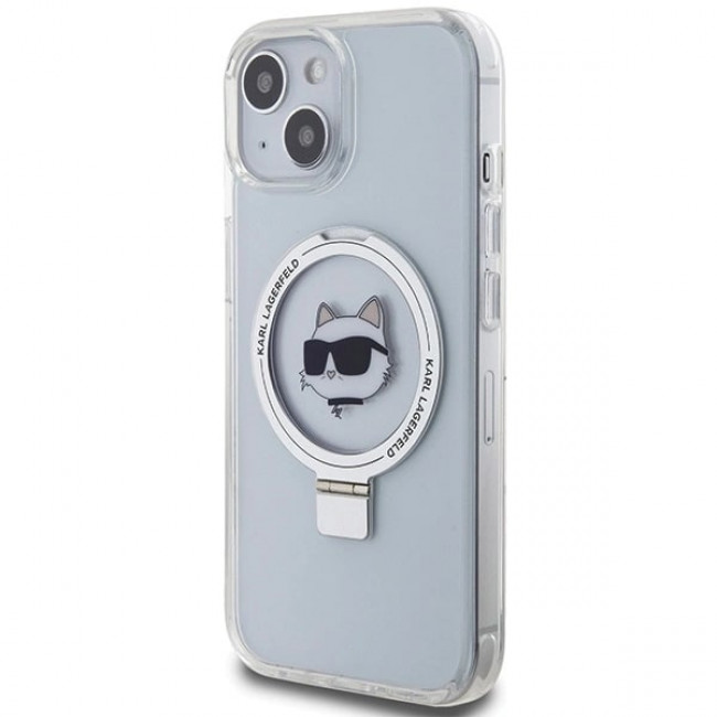 Karl Lagerfeld iPhone 15 Plus Ring Stand Choupette Head MagSafe Σκληρή Θήκη με Πλαίσιο Σιλικόνης και MagSafe - Διάφανη / Silver - KLHMP15MHMRSCHH