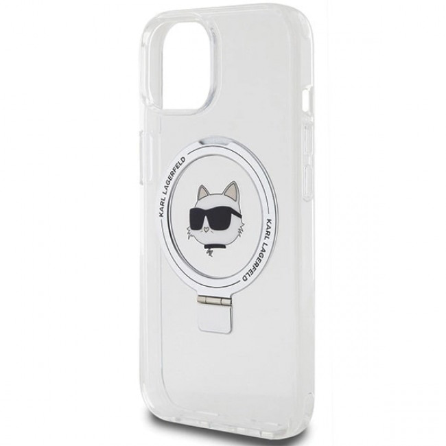 Karl Lagerfeld iPhone 15 Plus Ring Stand Choupette Head MagSafe Σκληρή Θήκη με Πλαίσιο Σιλικόνης και MagSafe - Διάφανη / Silver - KLHMP15MHMRSCHH